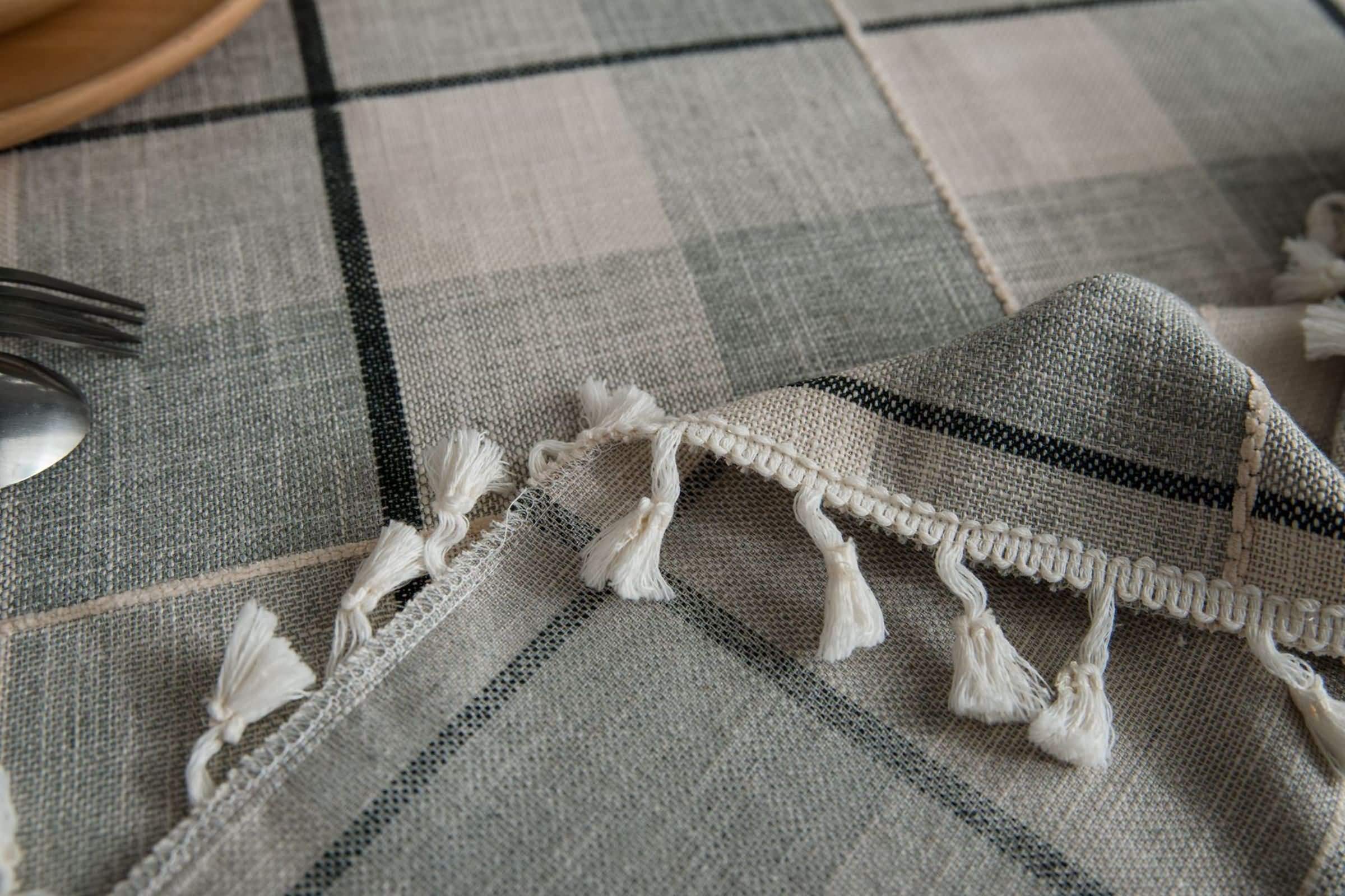Nappe Gris Carré Extérieur Antitache, Motif à Carreaux avec Glands, Mélange Coton et Lin, 140 x 140 cm, Nappe pour Jardin et Terrasse