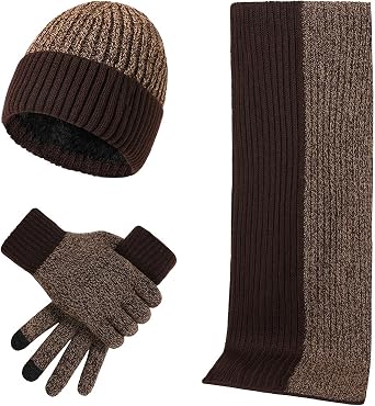 Winter Hat Scarf and Touch Screen Gloves Set for Men and Women 3 in 1 Warm Knit Set 3-Pieces Double Colour