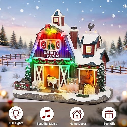 Miniatura 3 de Aldea Navideña Musical de Granja con Iluminación LED - Granero de Granja de 10.4", Gran Edificio Coleccionable de Navidad con Modos Duales de Luz