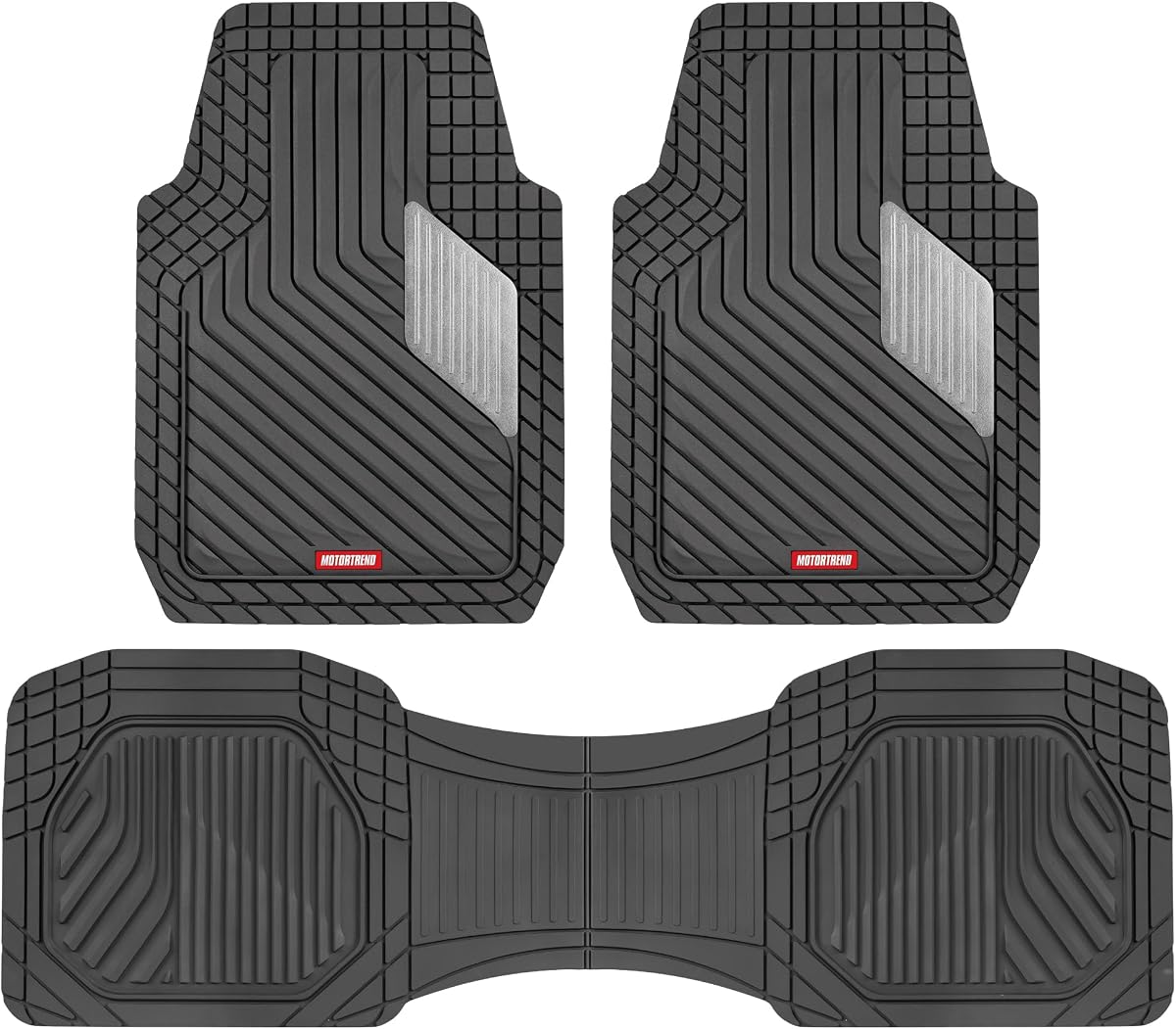 MetallicGuard Car Floor Mats Full Set - Durable Rubber Floor Mats with Silver Metallic Heel Pad, All-Weather Interior Protection for Front and Rear with Non-Slip Backing