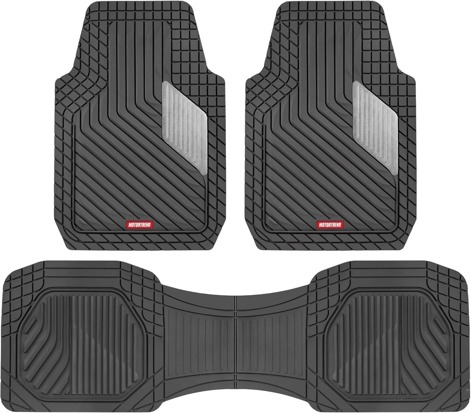 Motor Trend MetallicGuard Car Floor Mats Full Set - Durable Rubber Floor Mats with Silver Metallic Heel Pad, All-Weather Interior Protection for Front and Rear with Non-Slip Backing