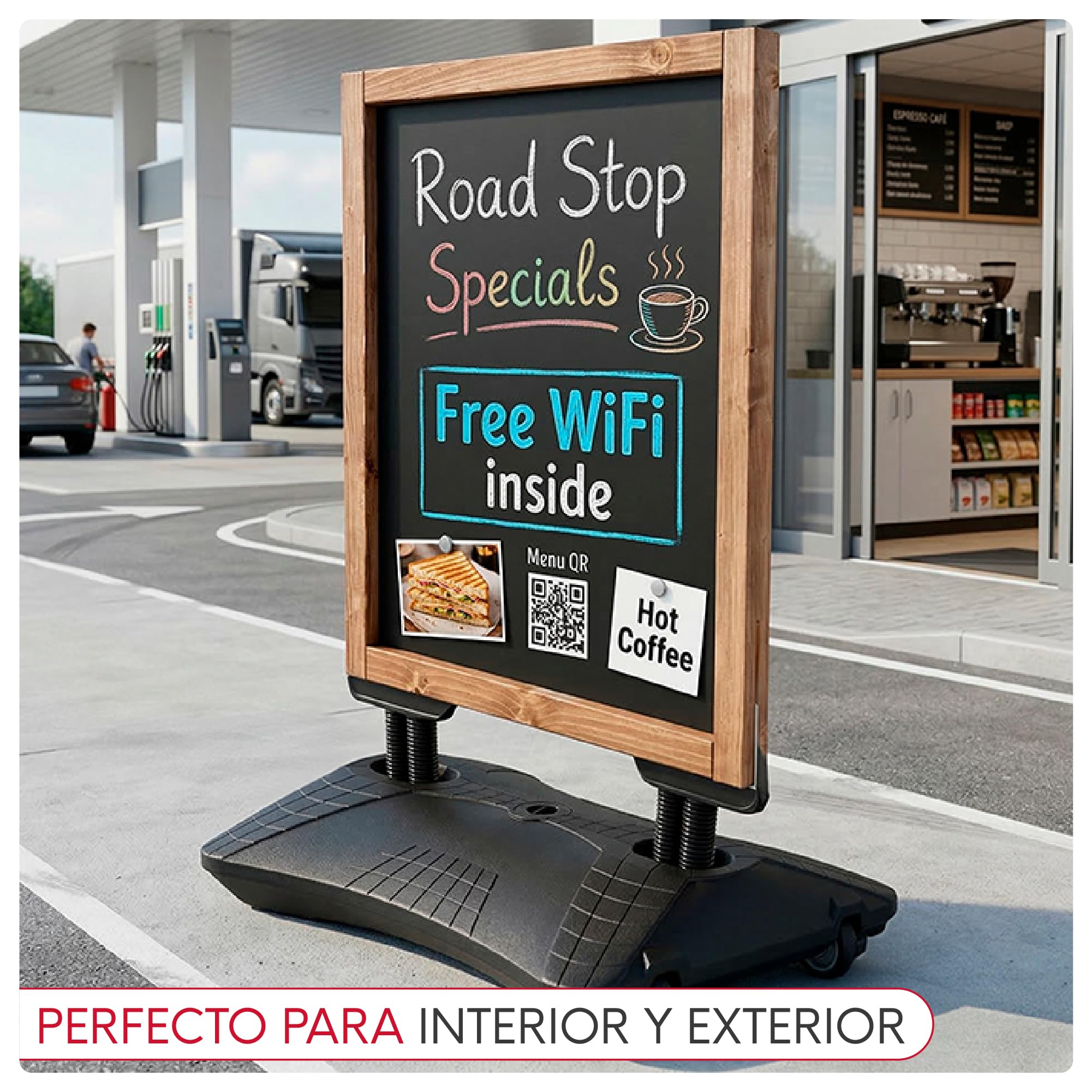 Pizarra Negra Doble Cara para Exterior con Base Rellenable y Ruedas | Pizarra Magnética y para Tiza y Rotulador | Marco de Madera de Haya | Cartel Publicitario para Hostelería (680x460 mm)