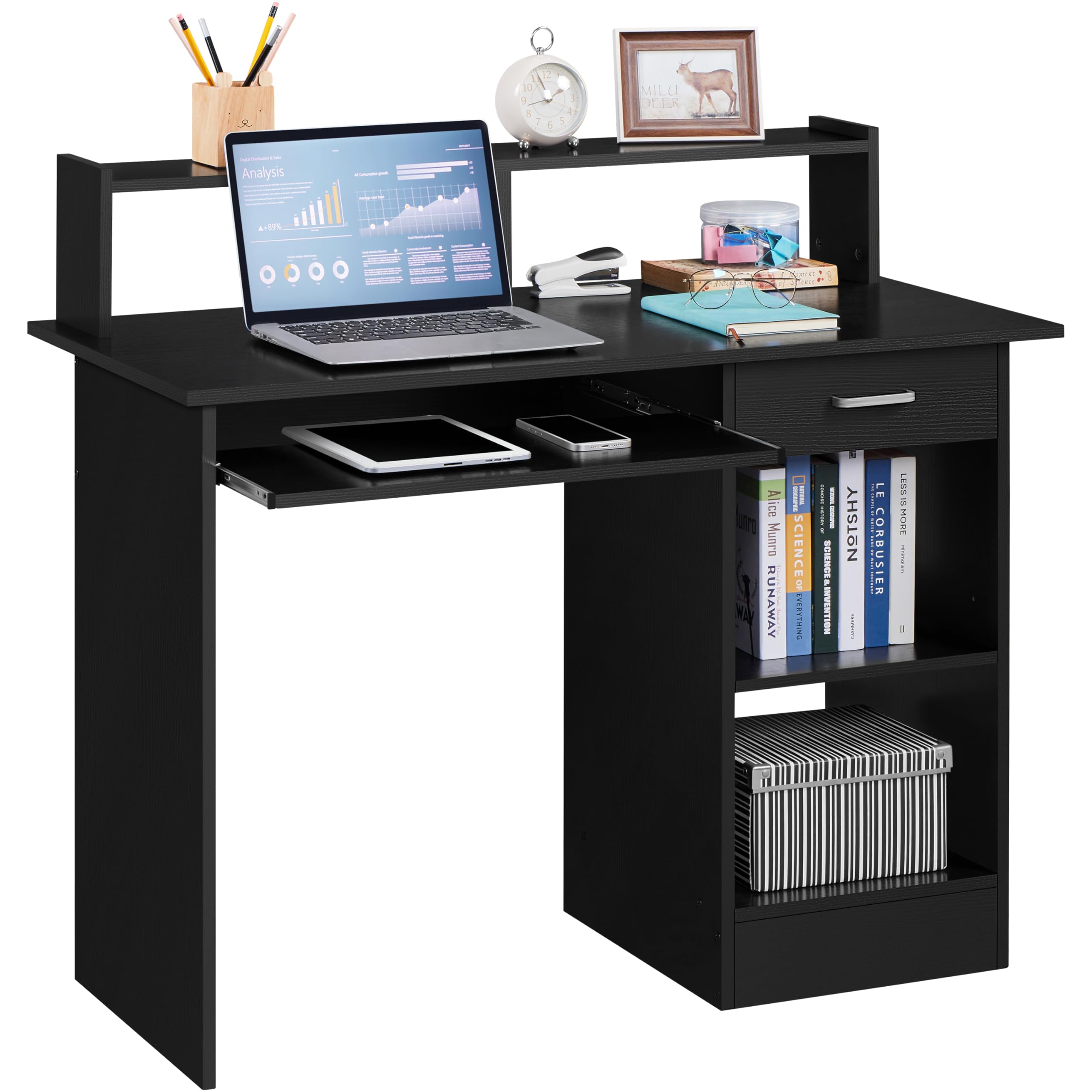 Yaheetech Black Computer Desk with monitor, laptop, and office accessories in a home office setting.