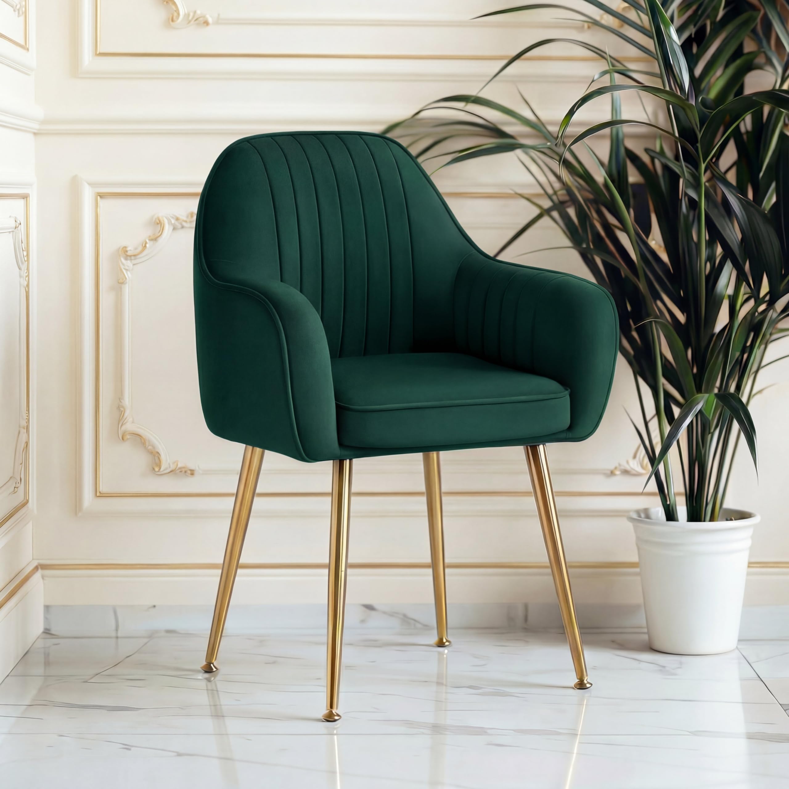 Velvet Upholstered Accent Chair with Curved Backrest & Double Cushion Seat, Modern Armchair with Gold Metal Legs, Luxury Lounge Chair for Living Room, Bedroom, Office, Makeup Vanity Chair (Green)-image-32