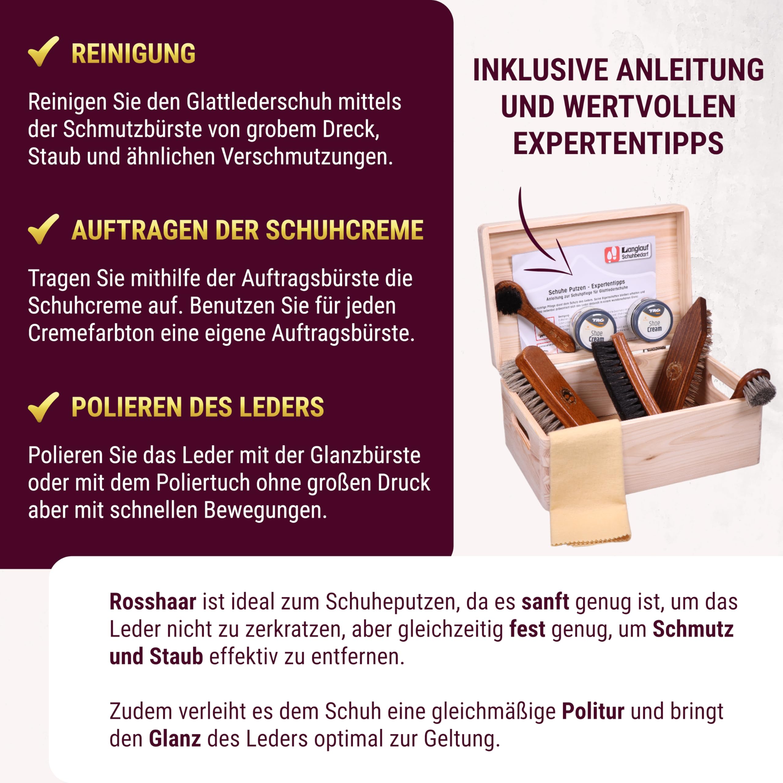 Schuhputzset Leder 9tlg Schuhputzkasten Milano I Rosshaar Schuhbürste -Tiegelbürste und extra weiche Rosshaarbürste zum polieren I Schuhbürsten Set mit Pferdehaar, Schuhpflegeset made in Germany
