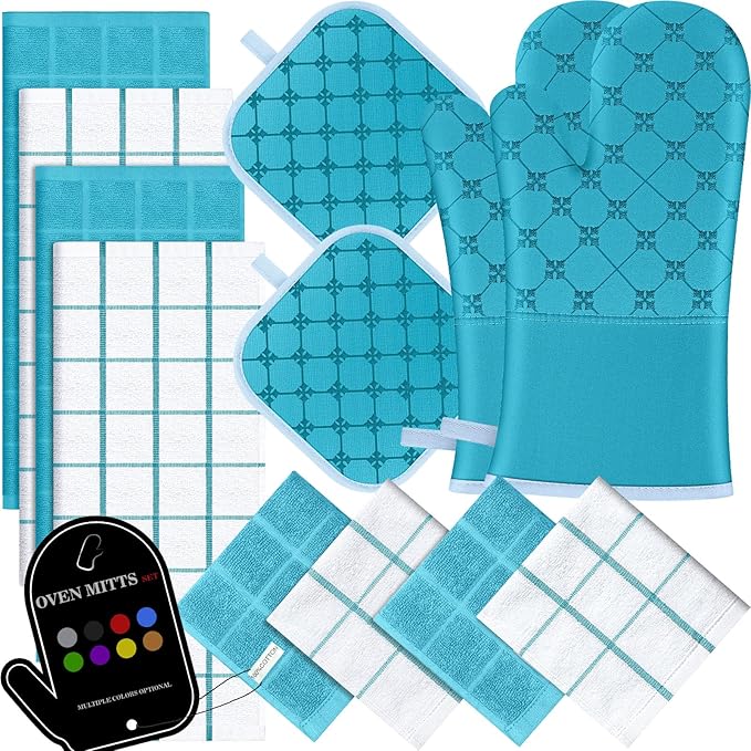 Oven Mitts Kitchen Towels Dishcloths with Pot Holders Sets 12PCS, Dish Towels Sets, Oven Gloves Pot Pads Heat Resistant 500 Degrees with Non-Slip Silicone Surface for Cooking Baking Grilling (Blue)