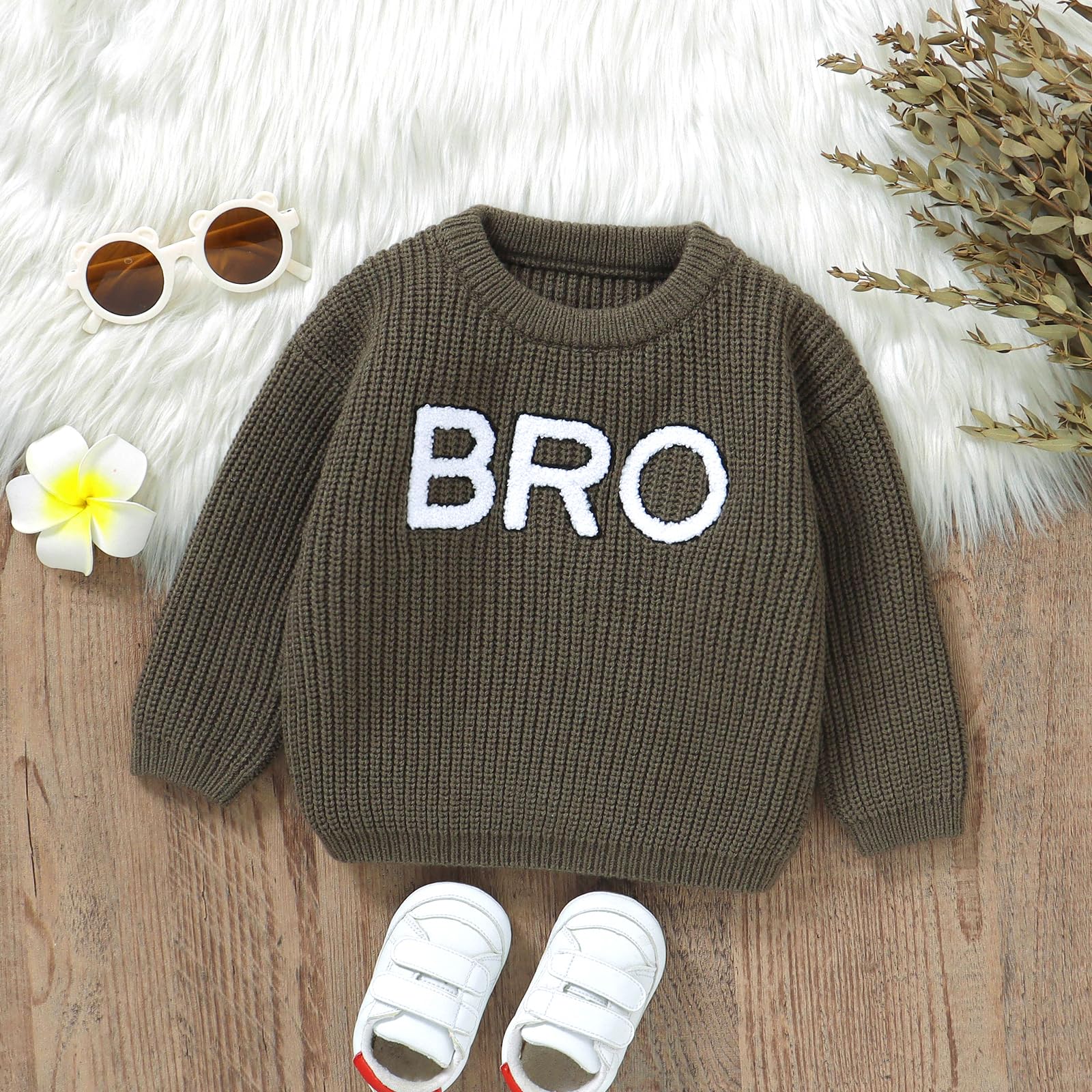 Adobabirl Toddler Baby Boy Chunky Knit Sweater Infant Letter Embroidery Long Sleeve Crewneck Sweatshirt Pullover Knitwear (Army Green, 2-3 Years)