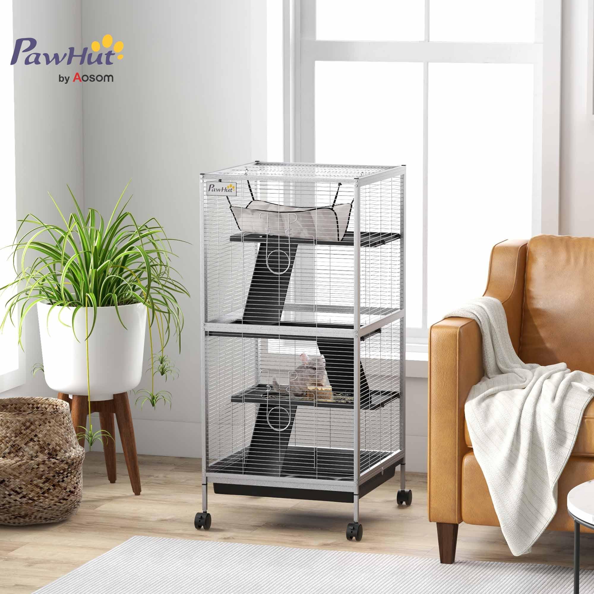 PawHut Jaula rodante para animales pequeños para chinchillas, hurones, gatitos, con rampa, color gris