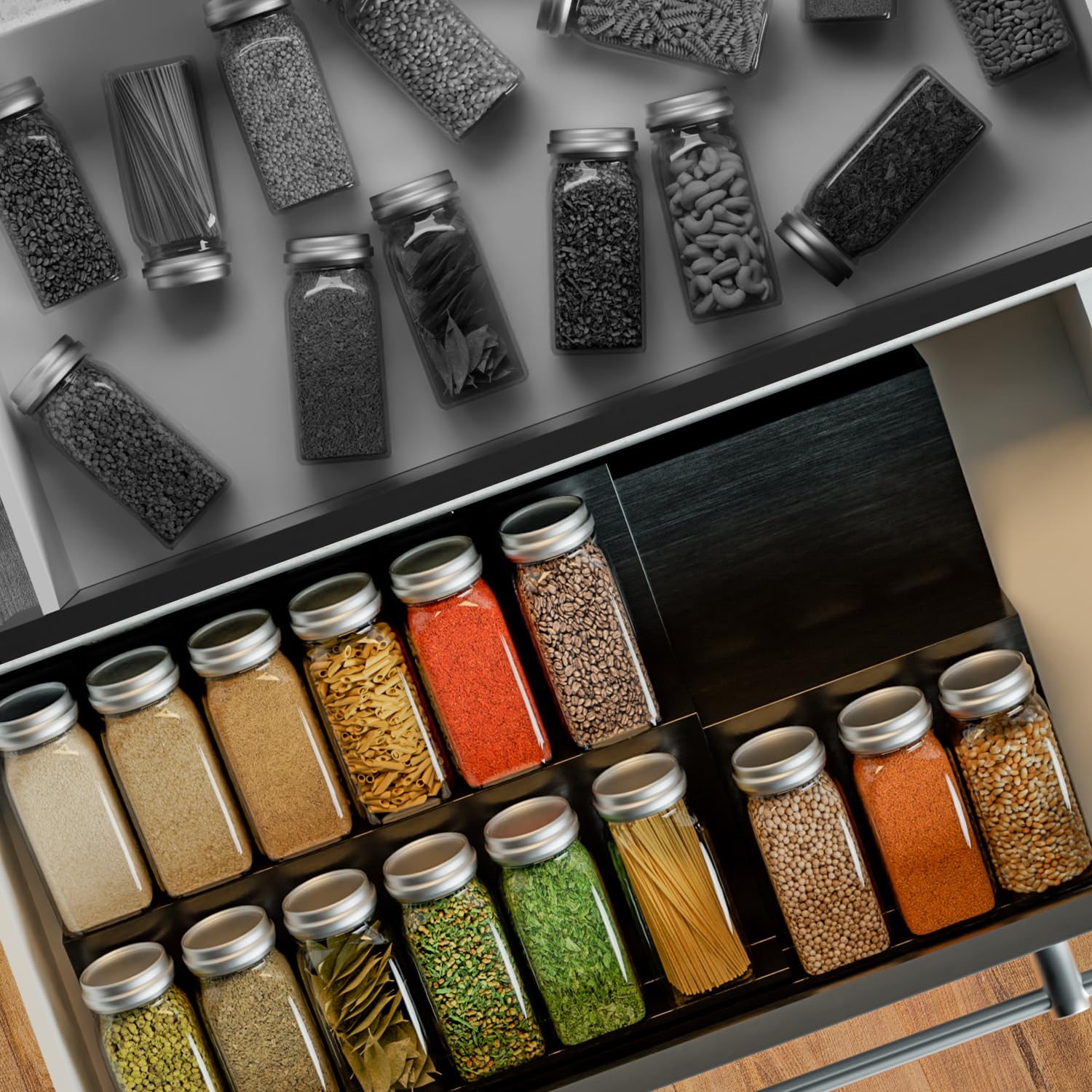 Lot de 8 étagères à épices de tiroir - Système de rangement extensible de 30 cm à 60 cm - Pour cuisine, armoire, plan de travail - Noir