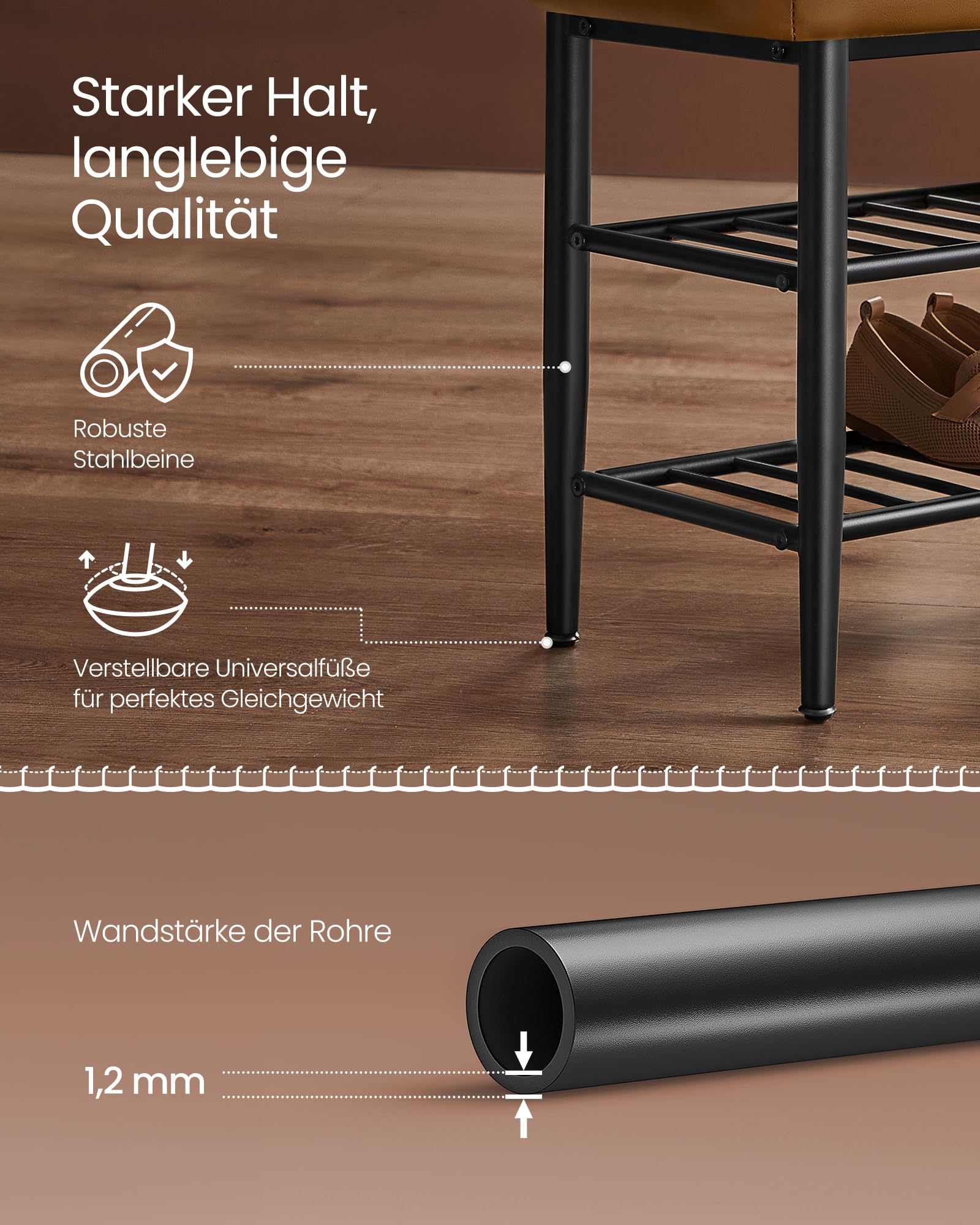 VASAGLE EKHO Kollektion - Schuhbank, Sitzbank, Sitztruhe, Eingangsbereich, Kunstleder, Nähte, Mid-Century-Modern-Stil, modern, bis 135 kg belastbar, 30 x 100 x 50 cm, karamellbraun LSB113K01