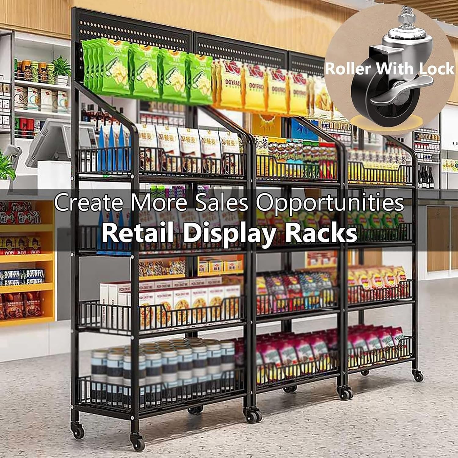 Shelves Retail Display Racks, Large Candy Snack Display Rack, Commercial Snack Organizer for Snacks/Fruits/Tools, Metal Storage Shelf with Wheels & Hooks, Utility Shelve for Pantry Kitchen Home T