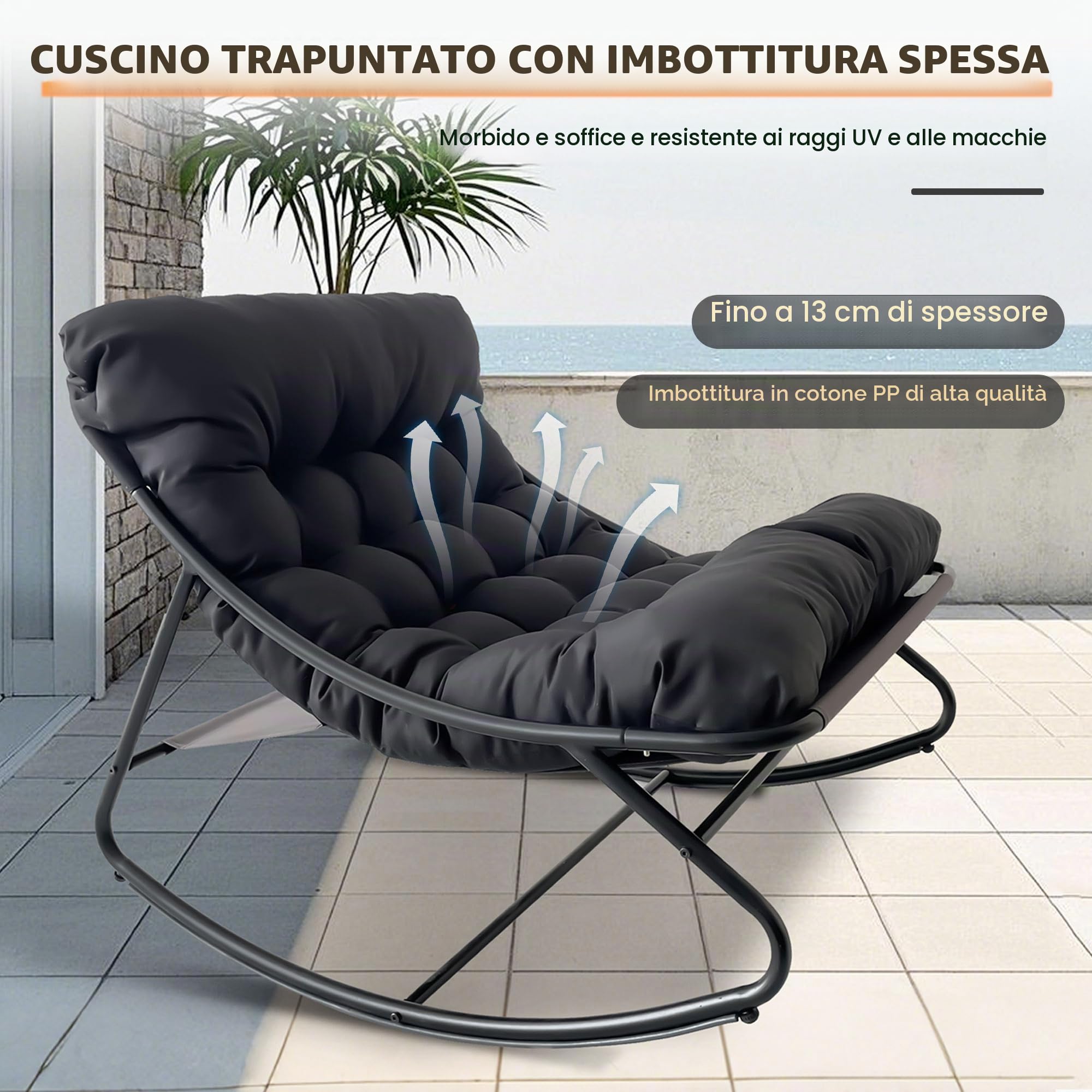 Sedia a dondolo per esterni, con sgabello, da giardino, con imbottitura, per soggiorno, comoda, grande, portata 150 kg, per giardino, terrazza, balcone (grigio)