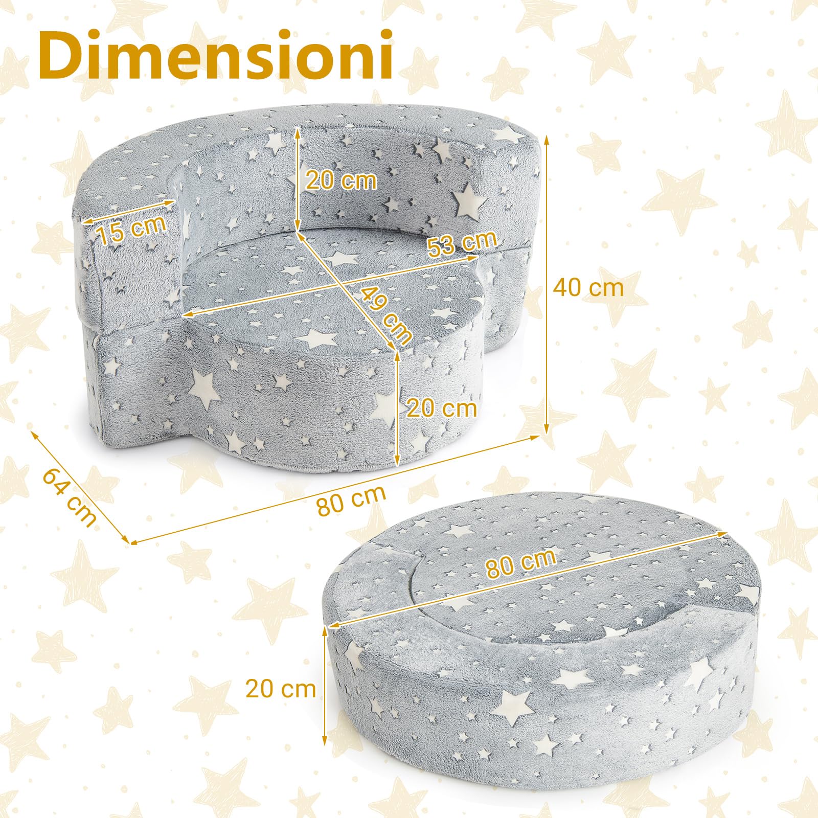 COSTWAY Divano in Schiuma Luminoso al Buio, Divano 2 in 1 per Bambini con Copertura Rimovibile e Lavabile, Poltrona per Bambini 3+ Anni per Cameretta e Soggiorno, 80 x 64 x 40 cm