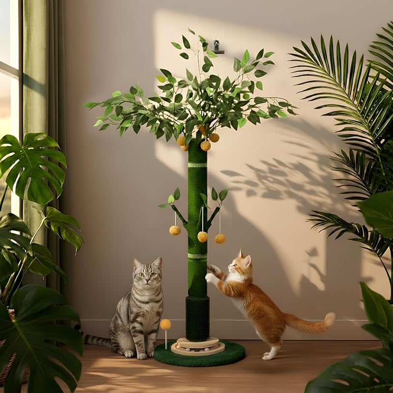 46" Extra Tall Cat Scratching Post for Large Cats, Sisal Rope | Heavy duty vertical sisal scratcher & stable climbing pole with hanging ball, tall post for adult cats full body stretch