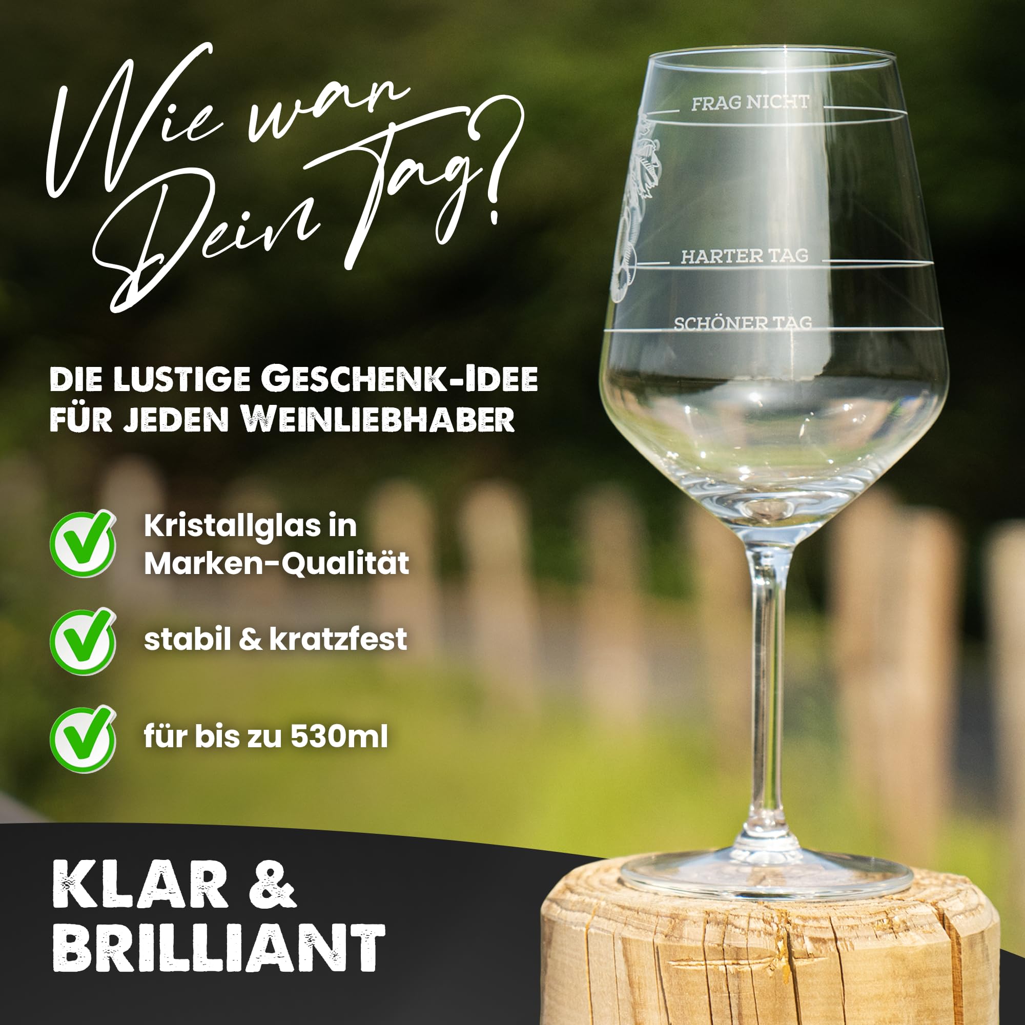 getbrave Weinglas | Guter Tag, Schlechter Tag, Frag nicht (530ml) in Geschenkbox | Wie war Dein Tag? | Geschenk für Frauen & Männer | Geburtstagsgeschenk | Weißweingläser Rotweingläser