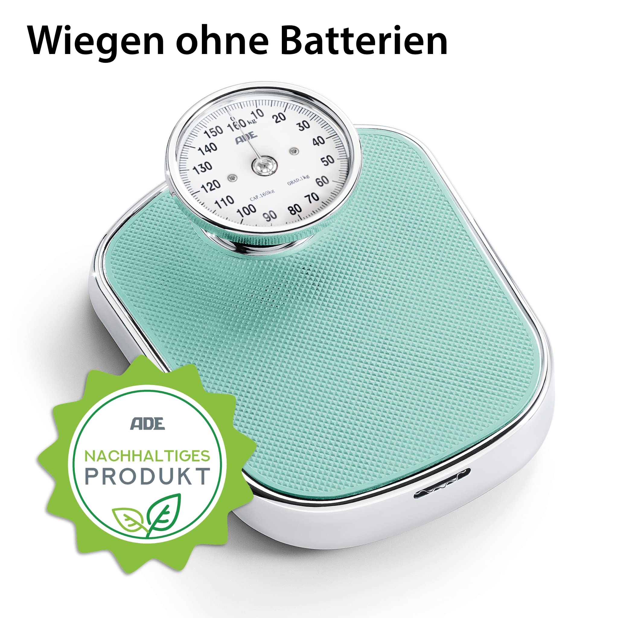 ADE Mechaniczna waga osobowa analogowa BM 702-1 Felicitas (analogowa waga wagowa, waga w klasycznym wzornictwie z dużą skalą i antypoślizgową powierzchnią ważenia) zielona