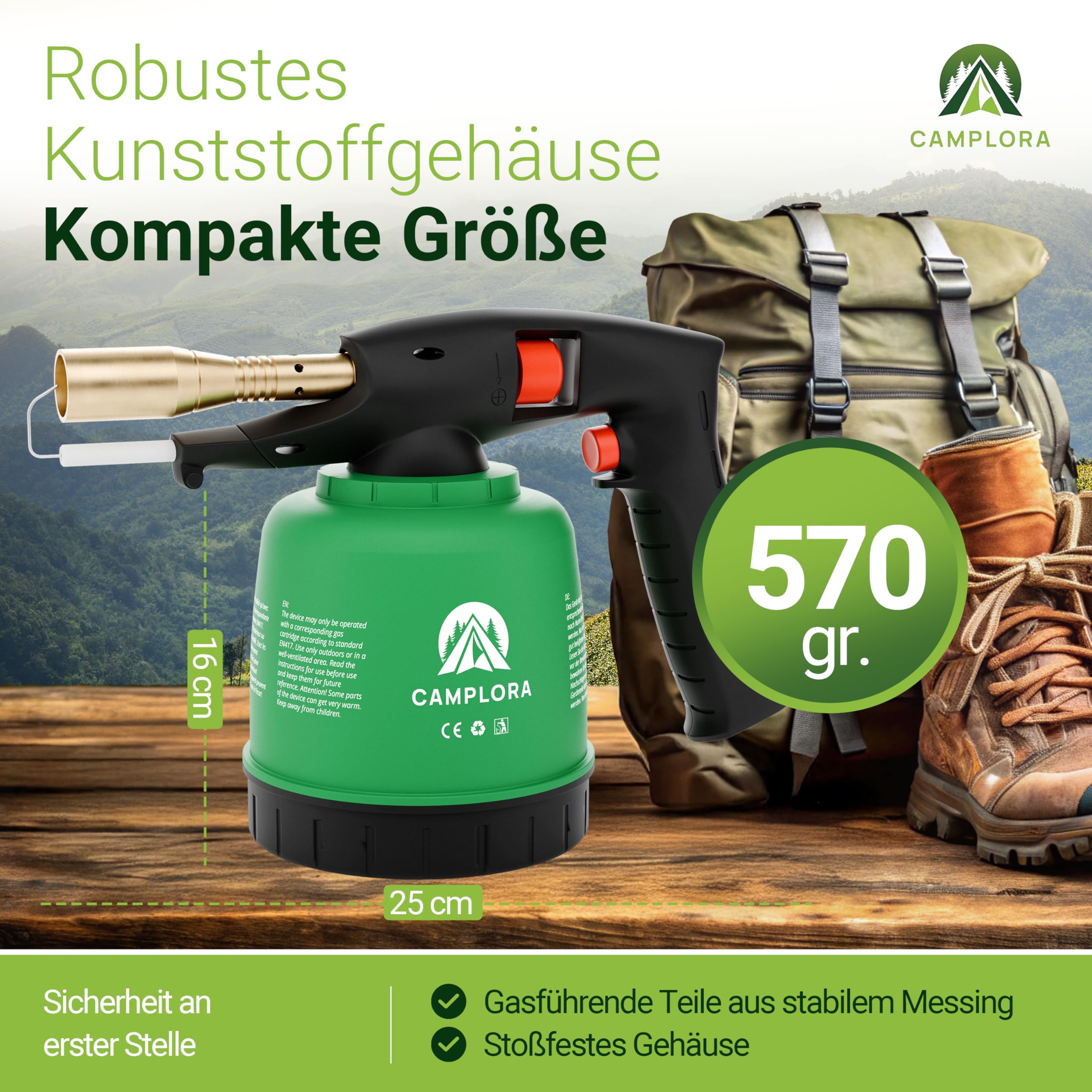 CAMPLORA Chalumeau avec allumage piézoélectrique et 10 cartouches de 190 g, brûleur à gaz pour atelier, fer à souder Bunsenbrenner