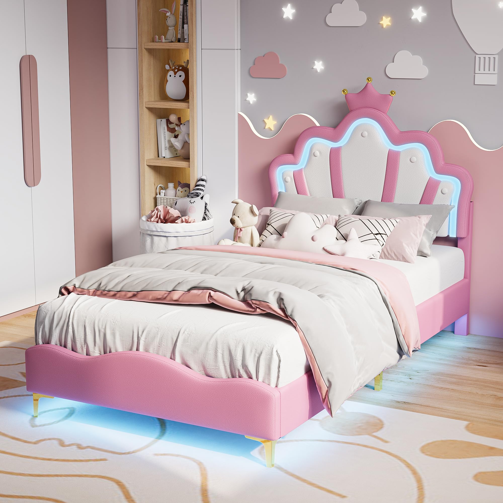 Lit Enfant Rembourré 90x200 cm pour Fille, Lit Princesse à Tête de Lit en Forme de Couronne, avec Bandeau LED Lumineux Réglable, PU Rose (sans Matelas)