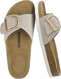 CUSHIONAIRE Leeds 100% Genuine Leather Suede Womens Sandals, Comfortable Slides for Women with Adjustable Statement Buckle