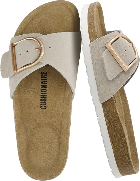 CUSHIONAIRE Leeds 100% Genuine Leather Suede Womens Sandals, Comfortable Slides for Women with Adjustable Statement Buckle - 1