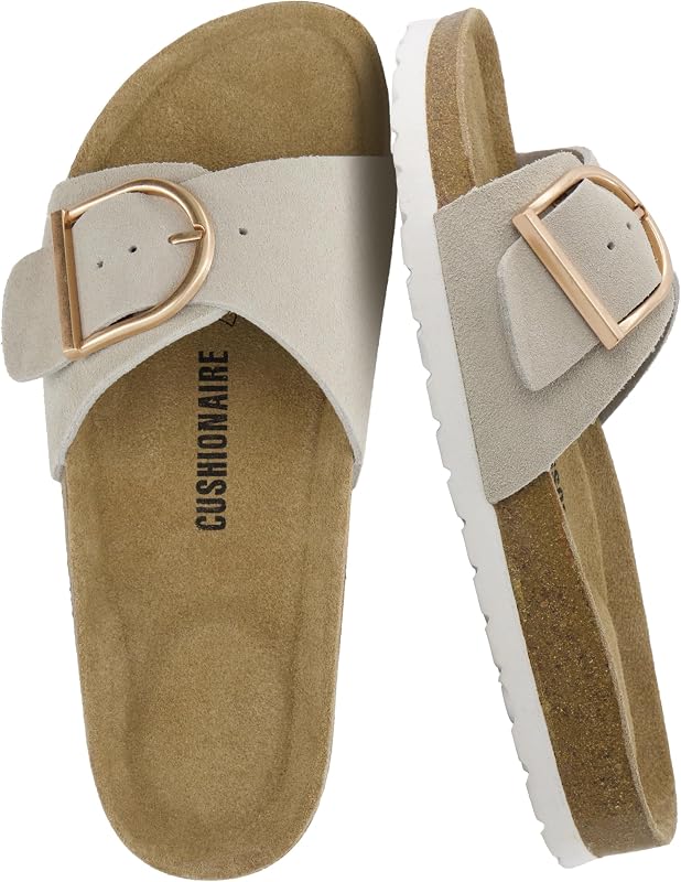 CUSHIONAIRE Leeds 100% Genuine Leather Suede Womens Sandals, Comfortable Slides for Women with Adjustable Statement Buckle