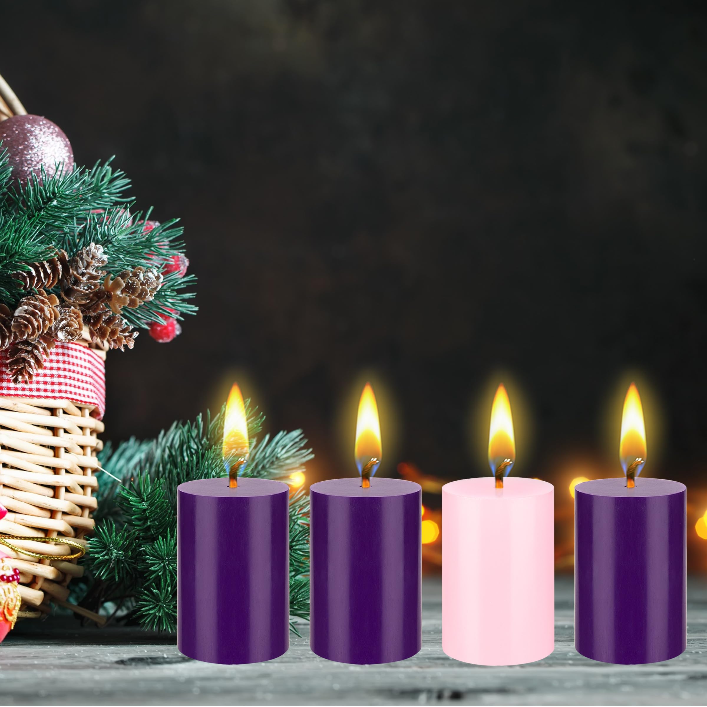 Mega Candles 4-Pack Advent Pillar Candles - Unscented, 2x9 Inch, Dripless, Purple & Pink For Christmas
