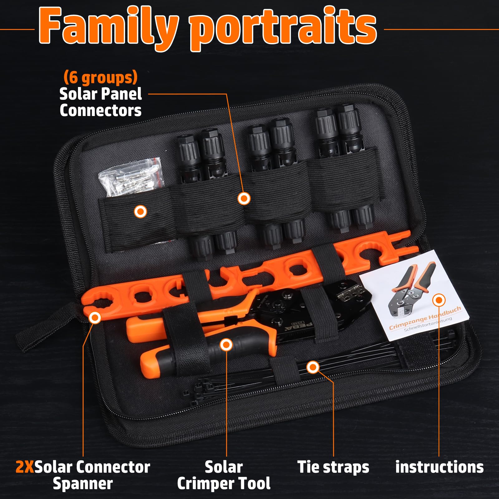Kit de Montaje Solar PEBA con Crimpadora de Trinquete Ajustable, Juego de Herramientas para Energía Solar Compatible con MC4, para Cables Fotovoltaicos 2.5/4/6mm²