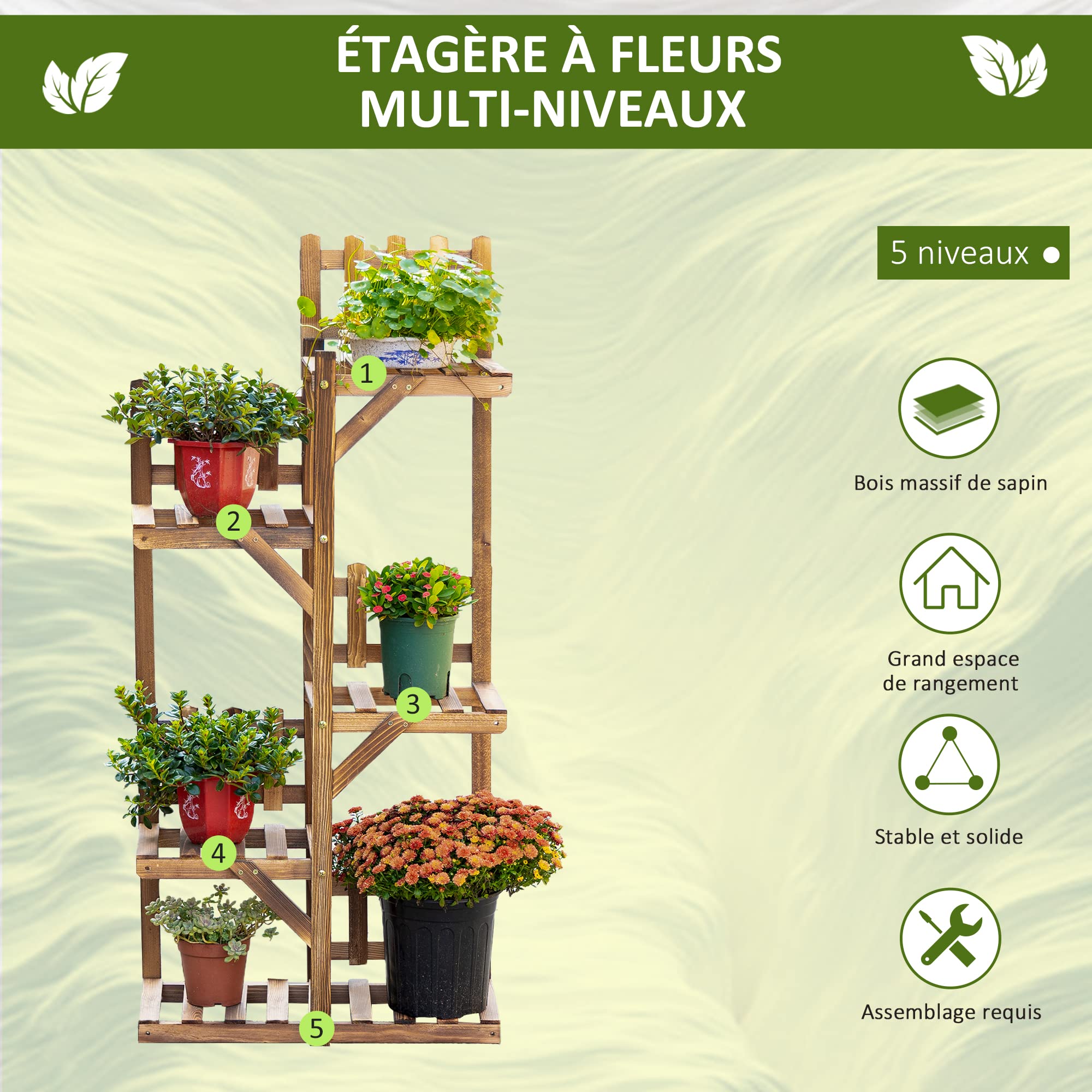 Outsunny Étagère à Fleurs 5 Tablettes Petites Barrières 60 x 30x 130cm