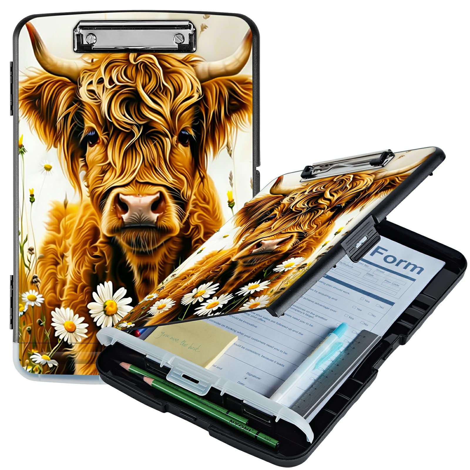 RWUTYTIUL Flower Yellow Cow A4 Clipboard with Storage Pen Holder, Clipboards Organizer Nursing Clipboard Foldable File Folder Plastic Clipboard Folio Clip Board for Office Students Classroom Doctor — image 1