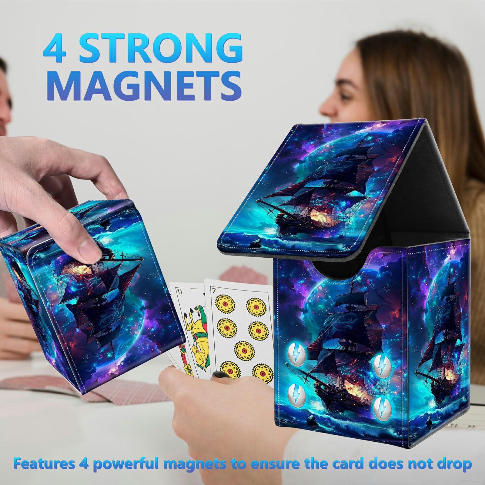 Amazon.com: BREIDMKFM Card Deck Box for Trading Cards, MTG Commander Deck  Box Fits 100+ Single Sleeved Cards, Leather Magnetic Card Storage Box for  YuGiOh TCG CCG Cards, Pirate Ship : Toys &