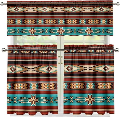 Gomyblomy Azteca - Juego de cortinas y cortinas con bolsillo para barra, juego de 3 cortinas de cocina, elegante y lavable, decoración del hogar, disponible en Yaxa Peru