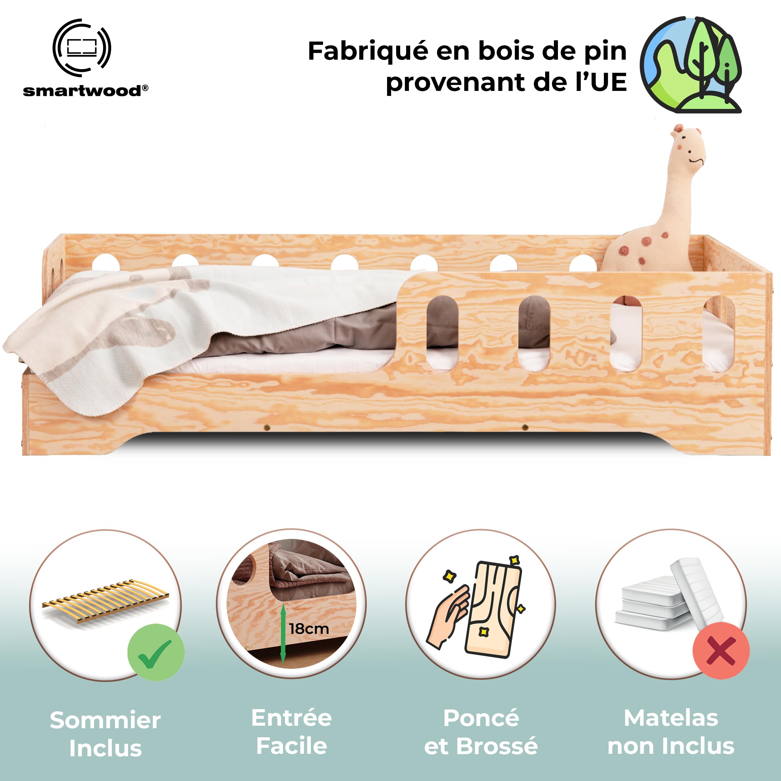 Smartwood Lit Enfant 60x120 avec Sommier Montessori TILA 1L Barrière de Sécurité Bois Naturel Certifié