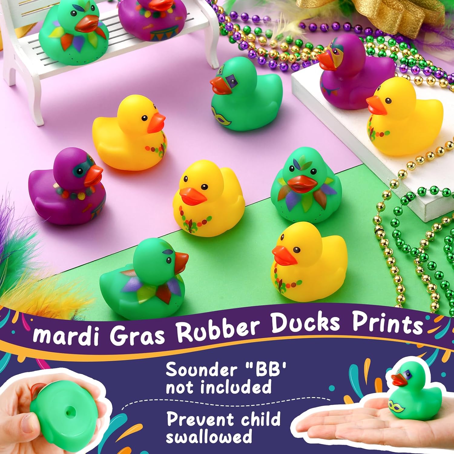 40 Pcs 2 Inch Mardi Gras Rubber Ducks Bulk Tiny Yellow Green Purple Duck Mini Rubber Ducky for Mardi Gras Carnival Themed Party Favors Baby Shower Pool Decoration, 5 Styles