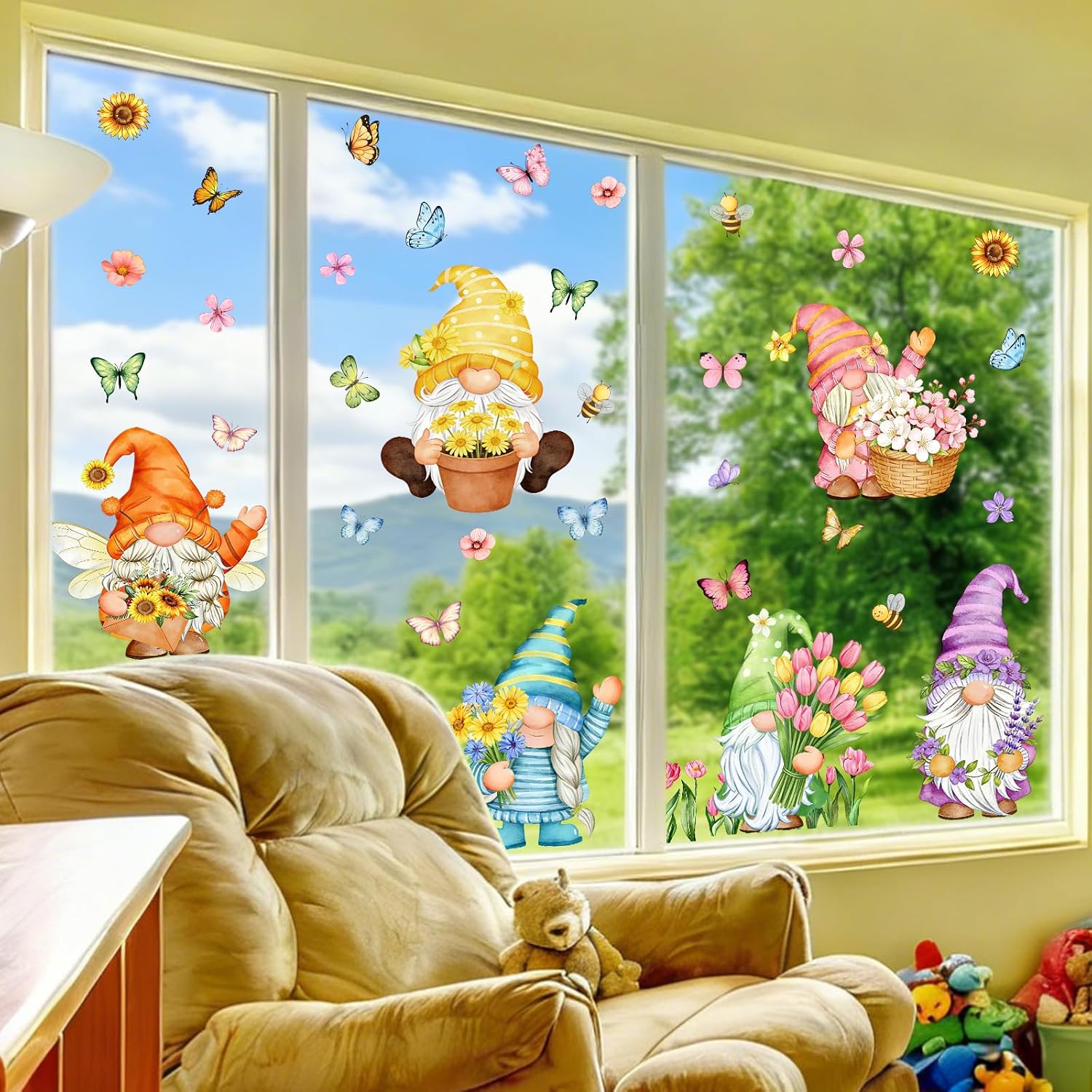 Spring Gnome Window Clings Stickers, Watercolor Floral Butterfly Garden Decals Peel and Stick Murals for Home Window Glass Spring Decor (Colorful Spring Gnome)