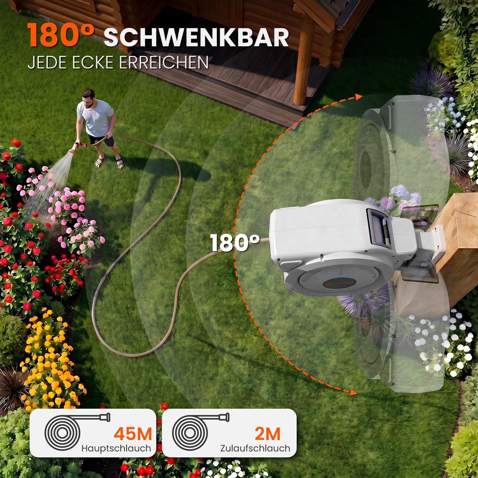 Schlauchtrommel Wasser 45m + 2m, 180° Schwenkbar Wand-Schlauchbox, Automatischer Gartenschlauch trommel mit 10-Funktionen Gartenbrause für Gießen Autowaschen