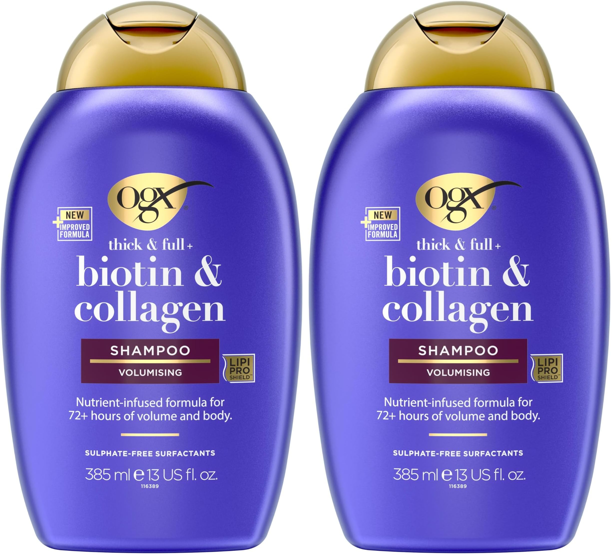 Thick & Full + Biotin & Collagen Volumizing Shampoo for Thin Hair, Thickening Shampoo with Vitamin B7 & Hydrolyzed Wheat Protein, Paraben-Free, Sulfate-Free Surfactants, 385ml (Pack of 2)