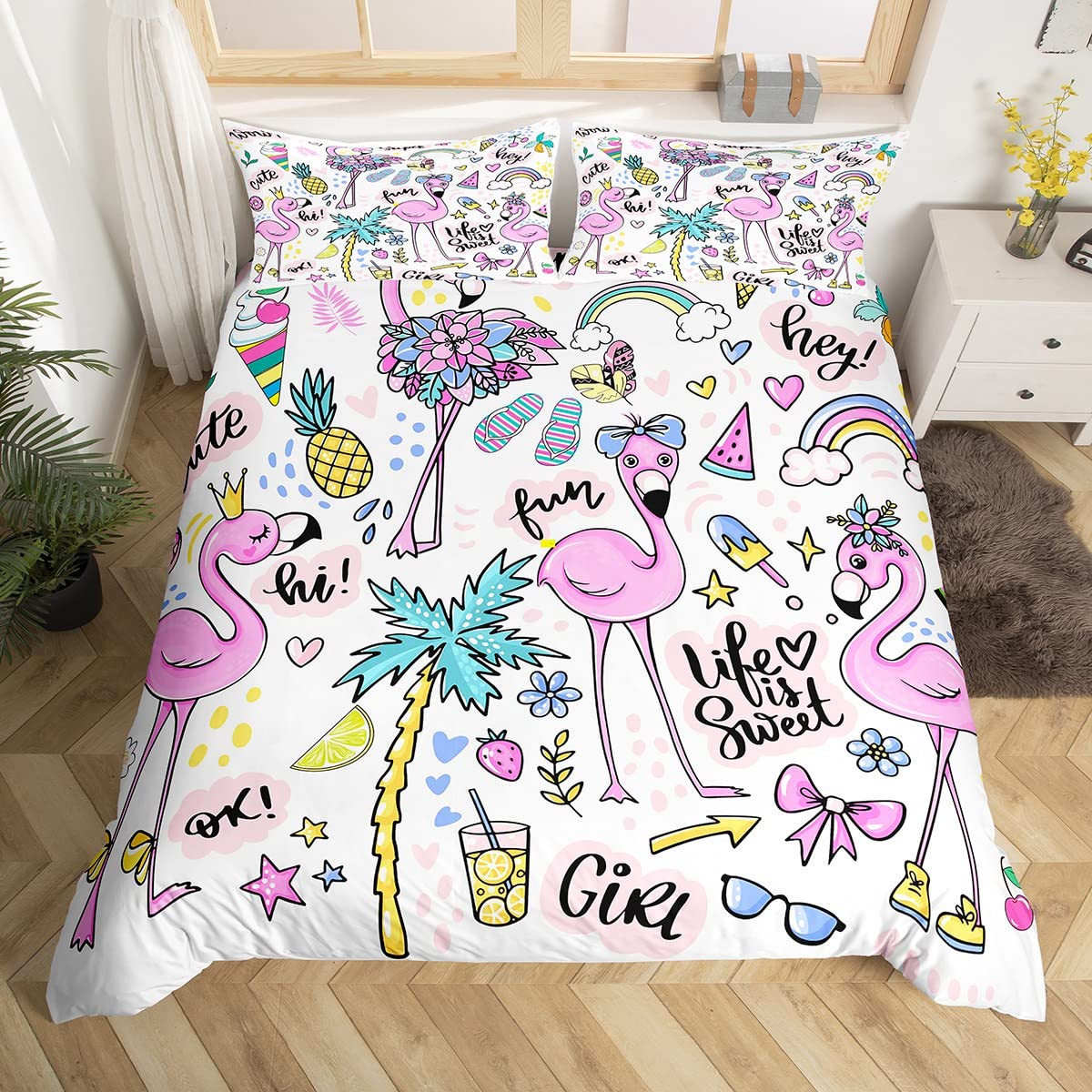 Homewish Rosa Flamingo Bettwäsche für Mädchen Frauen Nette Tier Flamingo Dekor Bettbezug 135x200,Hawaii Urlaub Stil Abdeckung Sommer Tropische Früchte Palmenblätter Romantisches Thema Bettwäsche