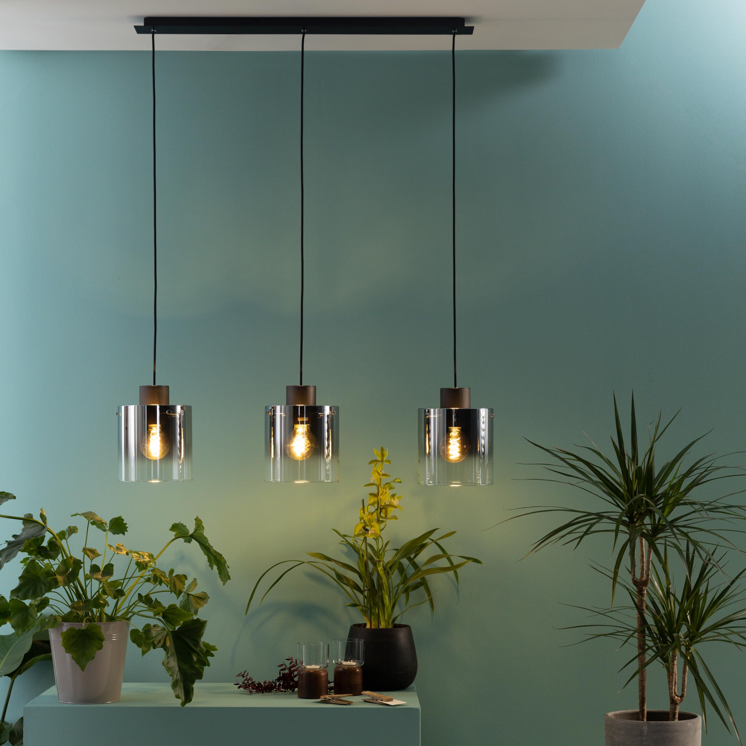 Lightbox Pendelleuchte 3-flammig - mit Rauchglas in Kaffee - Hängelampe für Esstisch, Küche & Wohnzimmer - exkl. E27 LED