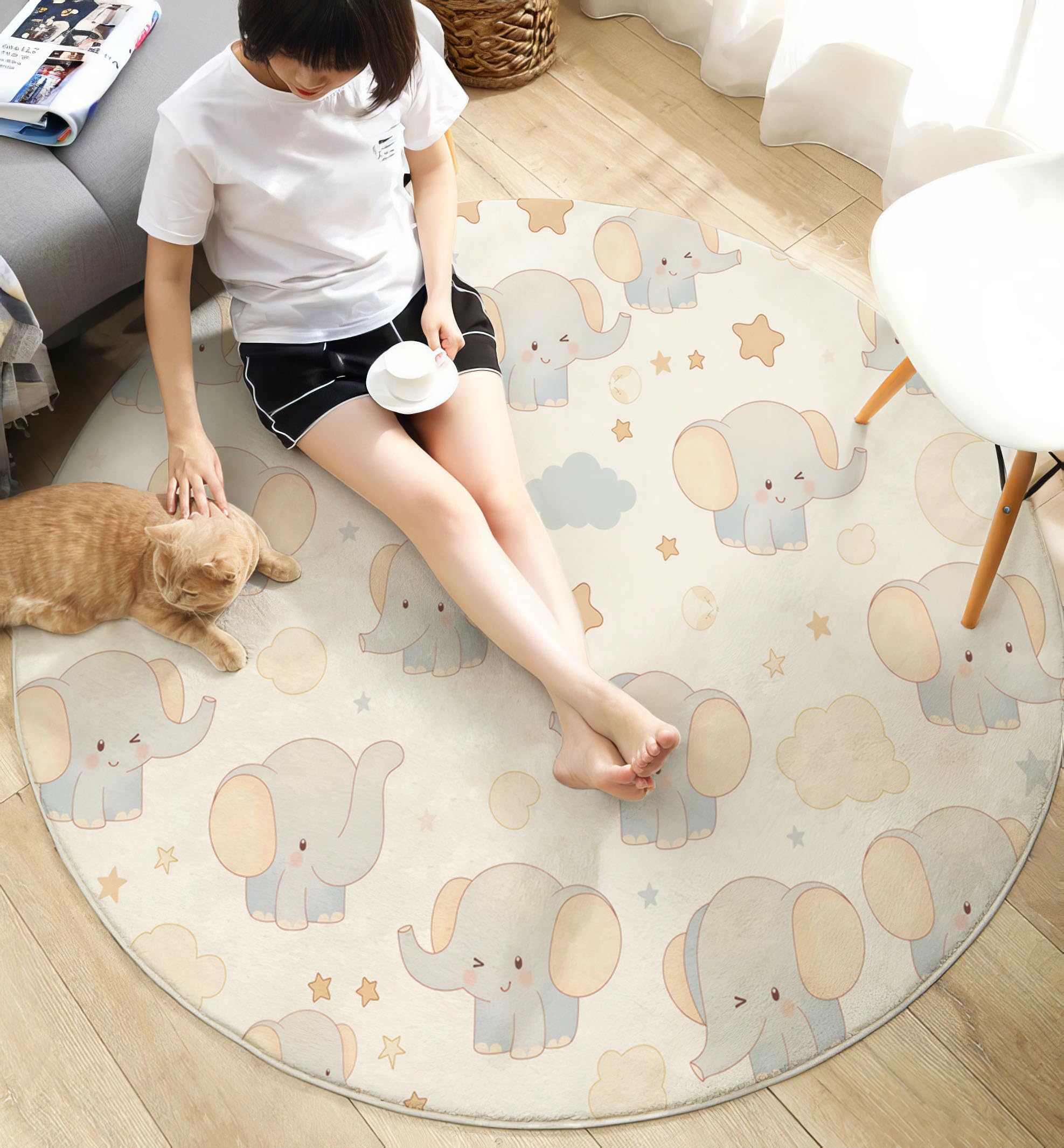Tapis Salon Rond Diamètre 180cm, Style Dessin animé Petit éléphant, étoile et Lune, Tapis Doux Antidérapant pour Décoration Salle à Manger Chambre Canapé Cuisine Chambre d'enfant, Bleu Clair