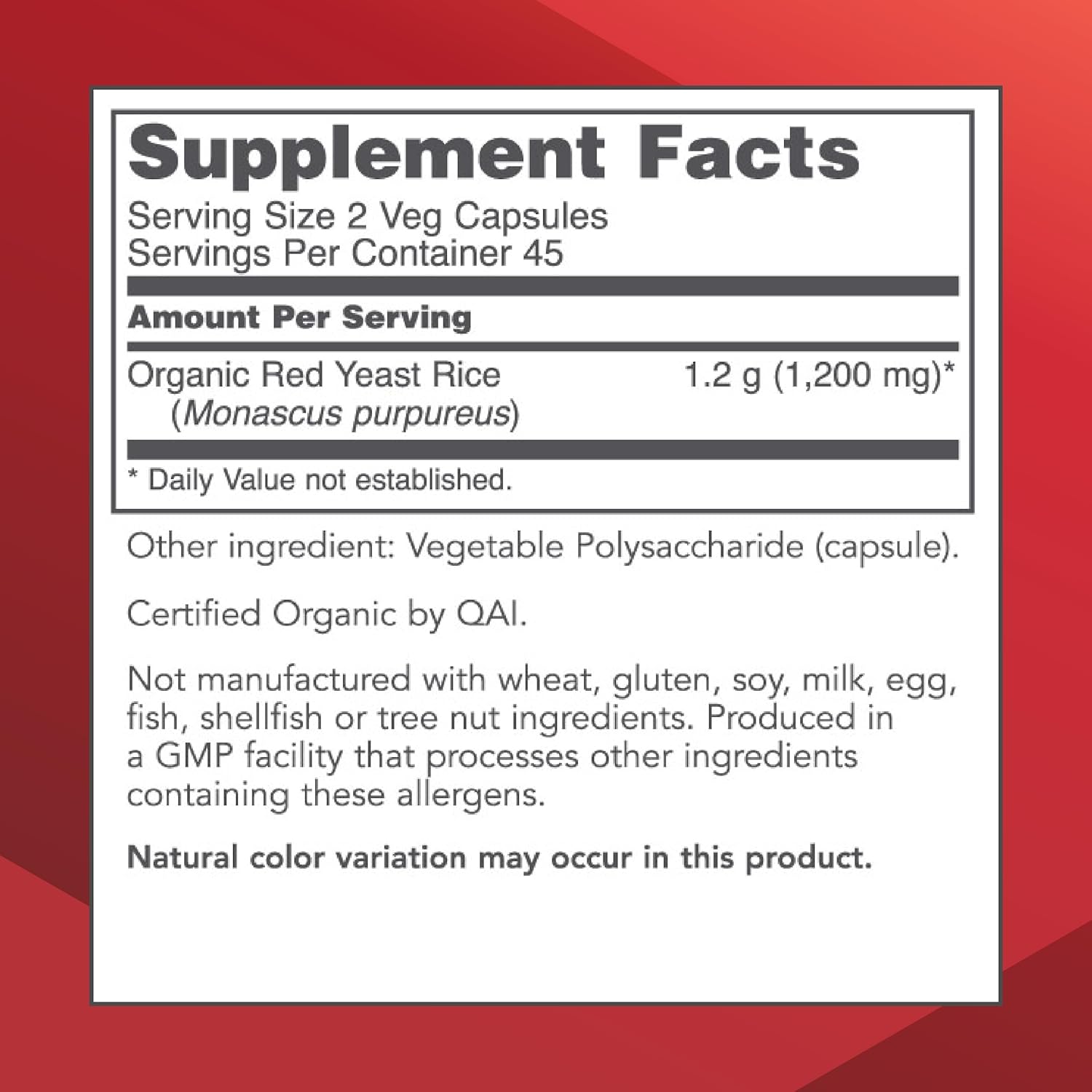 PROTOCOL FOR LIFE BALANCE Red Yeast Rice 600 mg - Made with Organic Red Yeast Rice - Dairy Free & Egg Free - 90 Veg Capsules