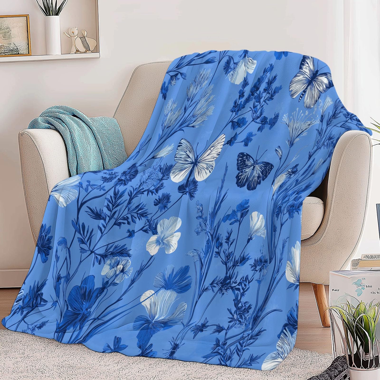 Genérico Polarowy koc flanelowy dla dzieci i dorosłych 200 x 200 cm, koce na sofę z nadrukiem rysunek zwierzę motyl kwiat - niebieski miękki ciepły ciepły oddychający lekki koc