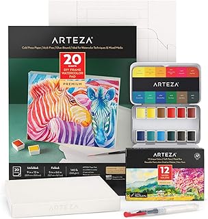 Arteza Kit Pittura Acquerelli (12 Mezze Vaschette) e Blocco di Tele per Dipingere Componibili Fai-da-Te Bianche, Kit Disegno e Art Supplies per Bambini e Adulti