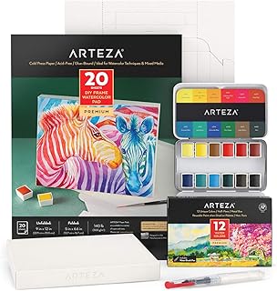 Arteza Watercolor Painting Art Set, Watercolor Half-Pans and Foldable Canvas Paper Bundle, Art Supplies for Kids and Adults