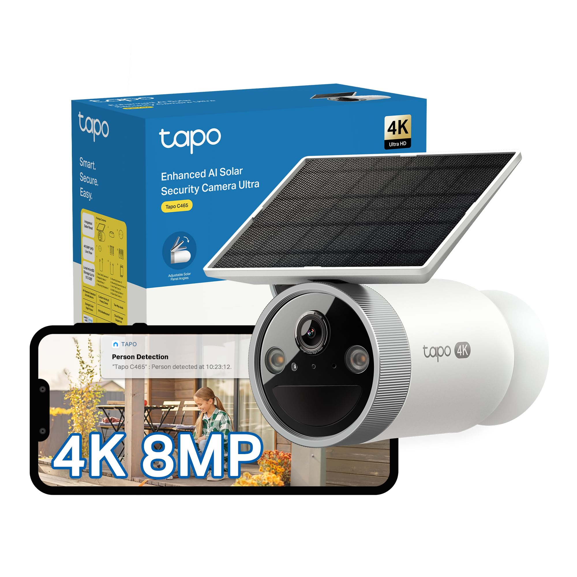 Tapo C465 4K 8MP UHD Security Camera Outdoor Wireless, All-in-One Solar, Starlight Colour Night, AI Detection, IP65, No Hub Required CCTV, Alexa, Google Home, No Monthly Fee, Push Notification