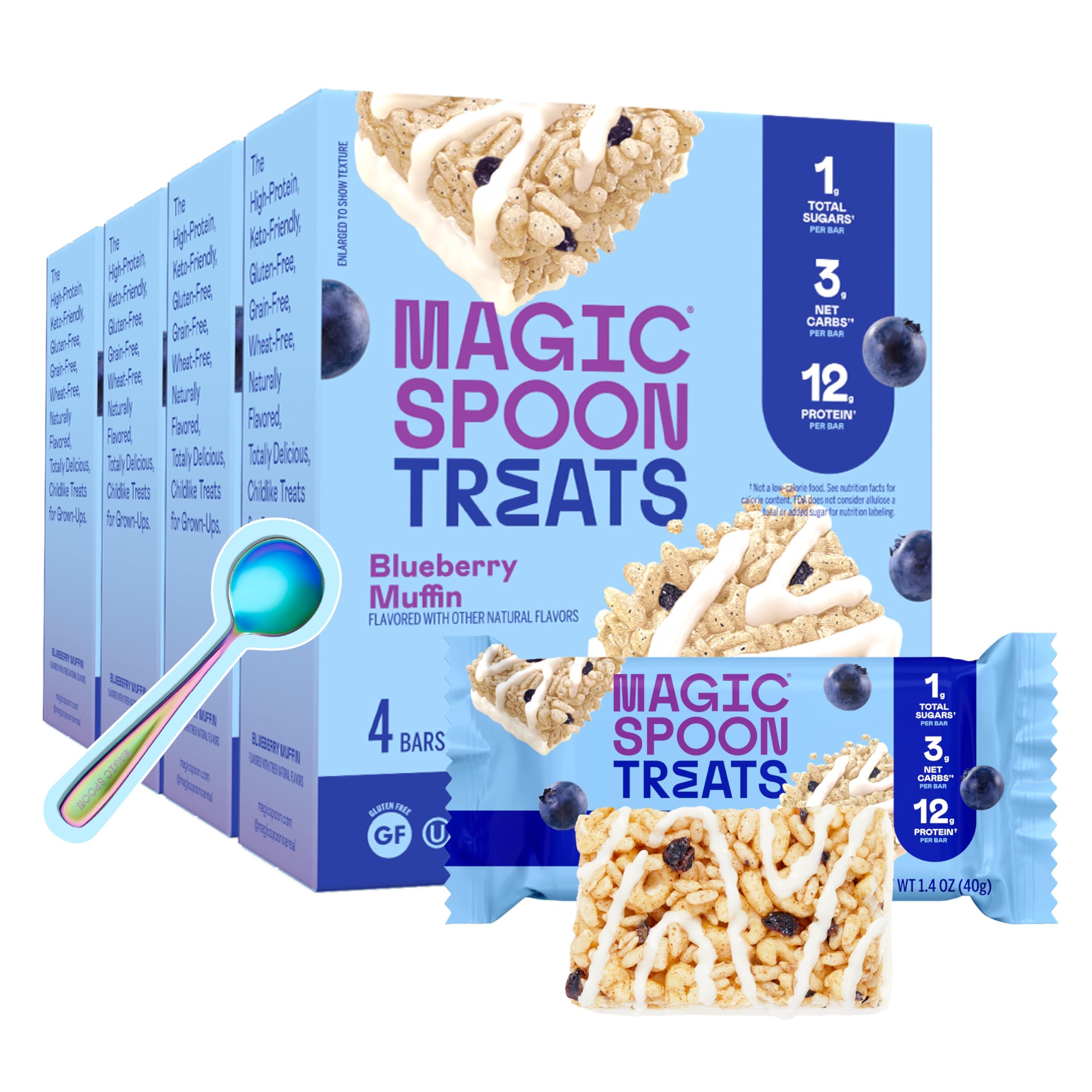 Treats - High Protein, Low Carb, Keto Friendly, Low Sugar, Gluten Free, Crispy Protein Bar Cereal Bar, On-The-Go Healthy Snack (Blueberry Muffin, 16 Bars)