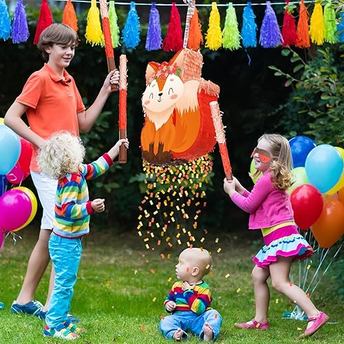 Miniatura 5 de Seematn Piñata para fiesta de cumpleaños de zorro, piñata con temática de bosque, incluye palo, venda para los ojos, confeti, suministros para