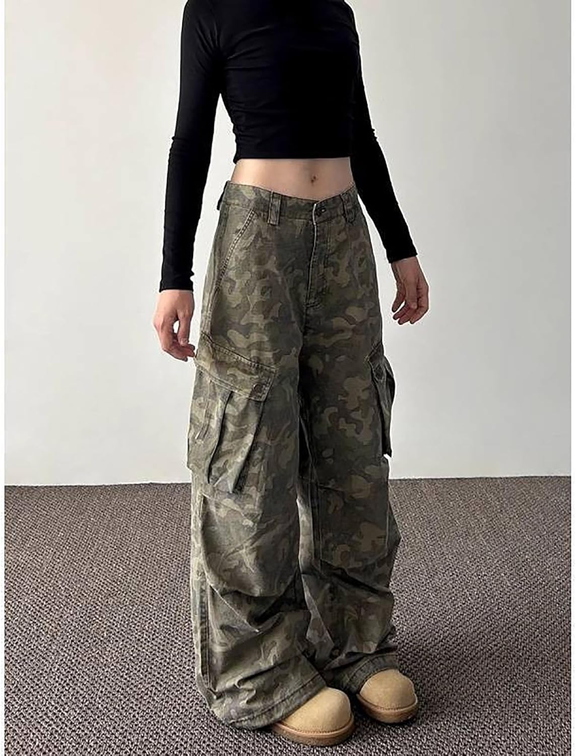MEINVQIAOTI American Retro Multiple Pockets Camo Women's Cargo Jeans Casual Baggy Hiking Combat Womens Cargo Pants