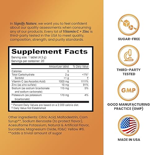 Miniatura 2 de Comprimidos efervescentes de vitamina C de 1000 mg - Potente apoyo inmunológico VIT C con suplemento de zinc - Fórmula vegana y sin azúcar  Tabletas