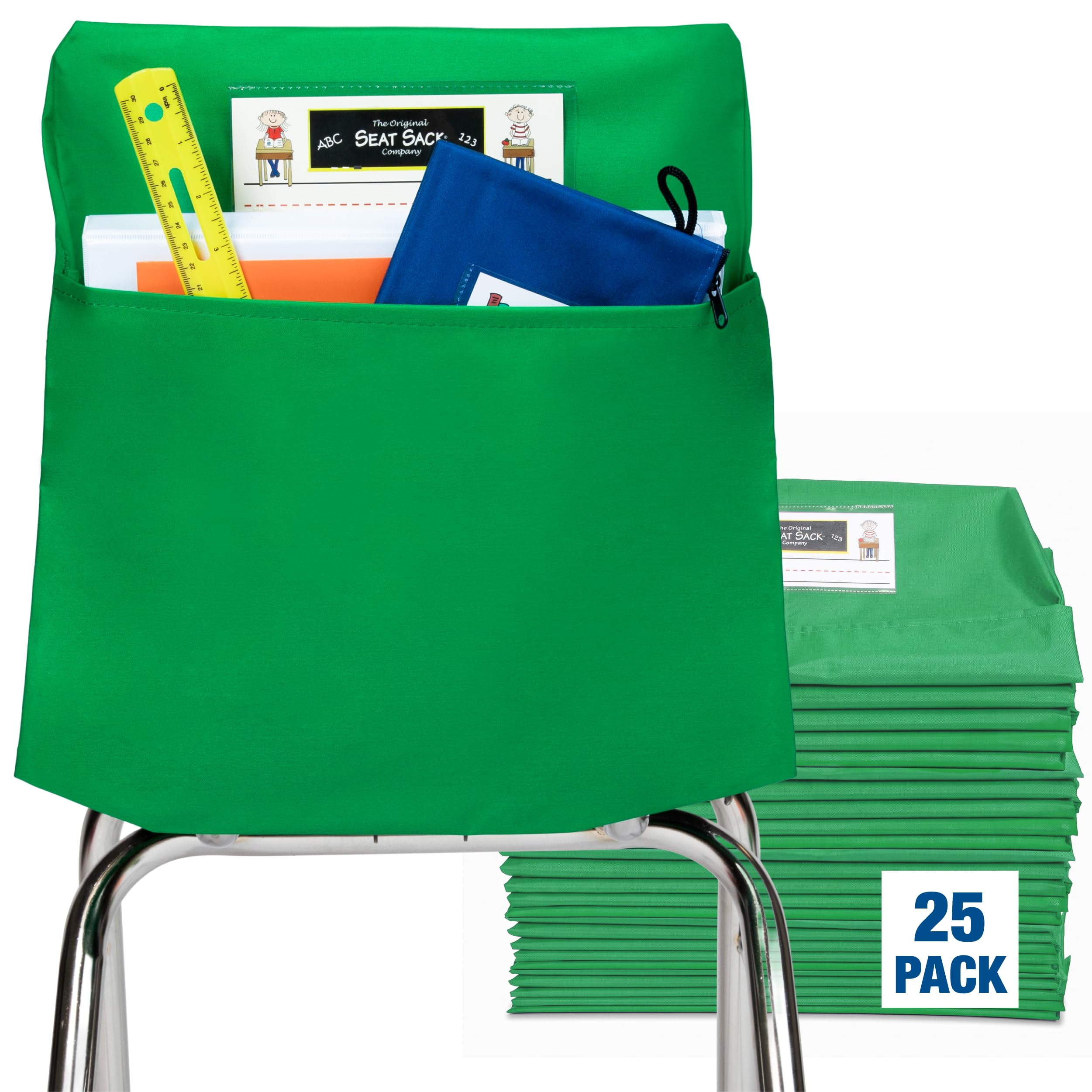 Seat Sack Student Chair Storage Pocket - 17", Single Pocket, Classroom Chair Organizer for Student Desks, Durable Over-the-Chair Storage, Ready-to-Use Name Tag Window, Green, 25-Pack