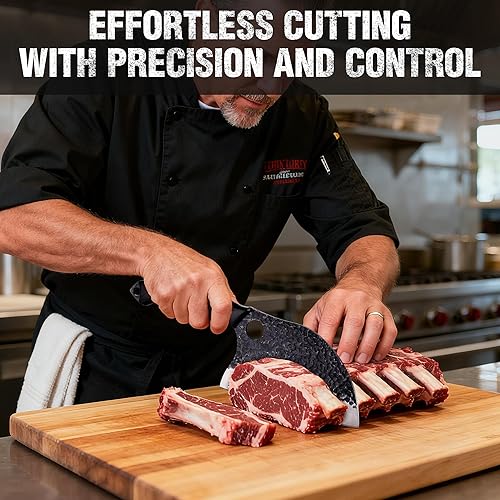 Miniatura 4 de Mossy Oak Cuchillo de chef serbio, cuchillo de carnicero con funda de cuero auténtico, forjado a mano, mango de espiga completa, cuchillo de